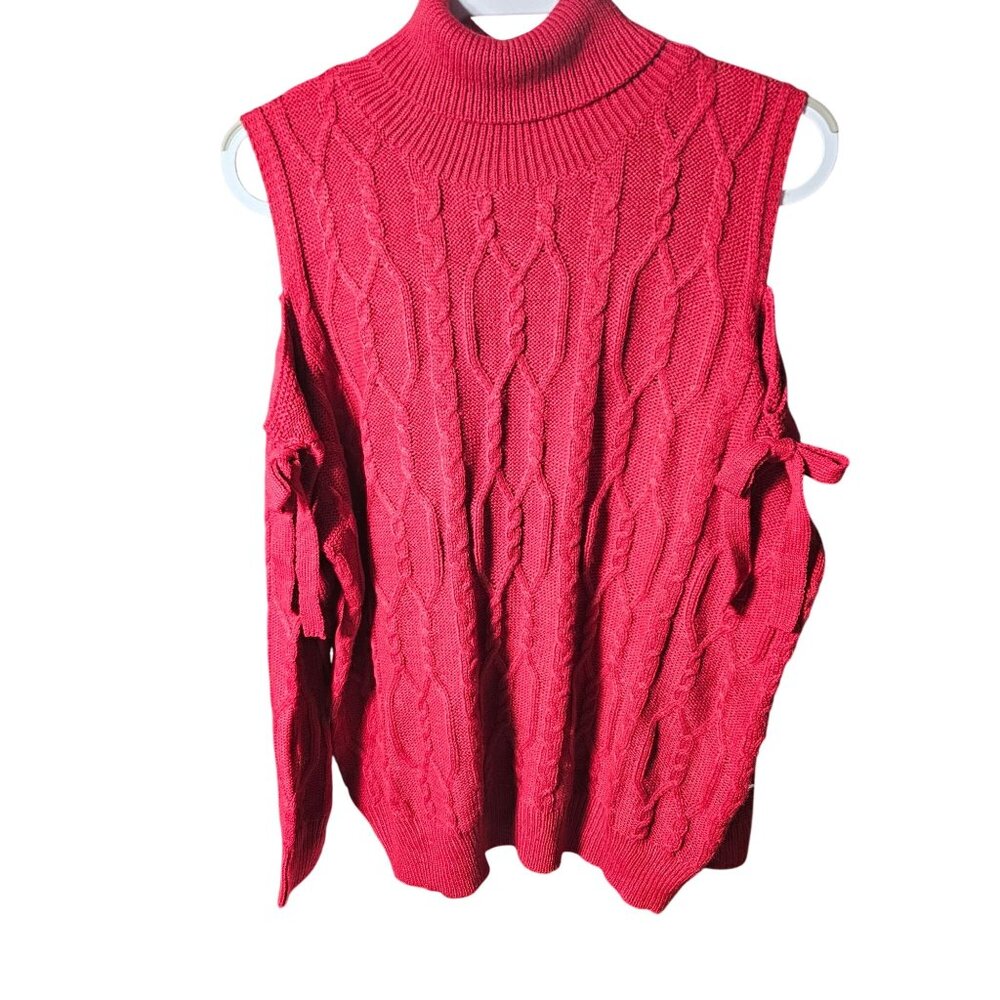 Cold shoulder long-sleeved Red Cable  Knit Turtleneck Sweater Dress 1XL By Sheen